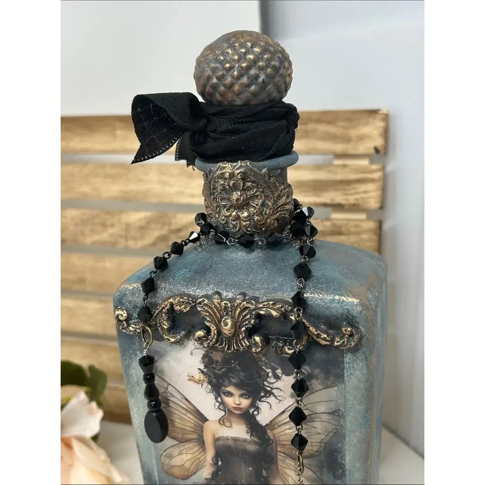 Handcrafted Fairy Art Décor Bottle in Teal with Black Beaded Accent